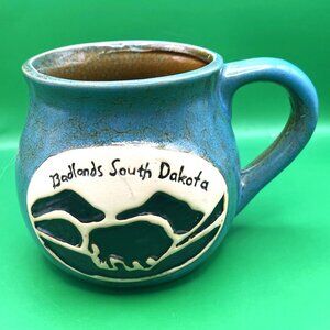 Handmade Stoneware Mug Badlands South Dakota Souvenir Blue Glaze Bison Buffalo